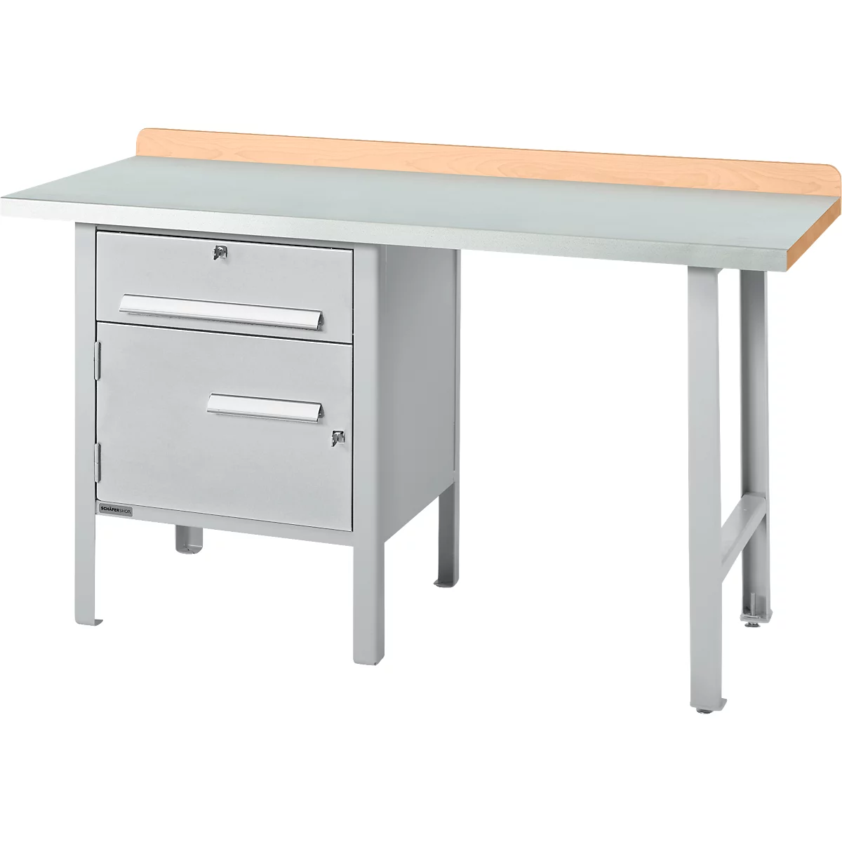Schäfer Shop Select PWi 150-2 combinatiewerkbank, beuken multiplex blad, met stalen afdekking, tot 750 kg, B 1500 x D 700 x H 840 mm, blank aluminium