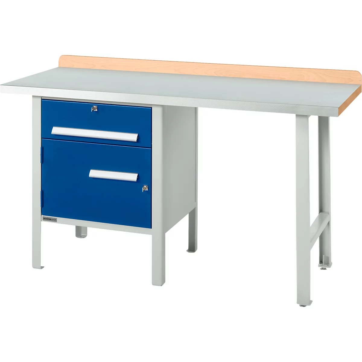 Schäfer Shop Select PWi 150-2 combinatiewerkbank, beuken multiplex blad, met stalen afdekking, tot 750 kg, B 1500 x D 700 x H 840 mm, gentiaanblauw