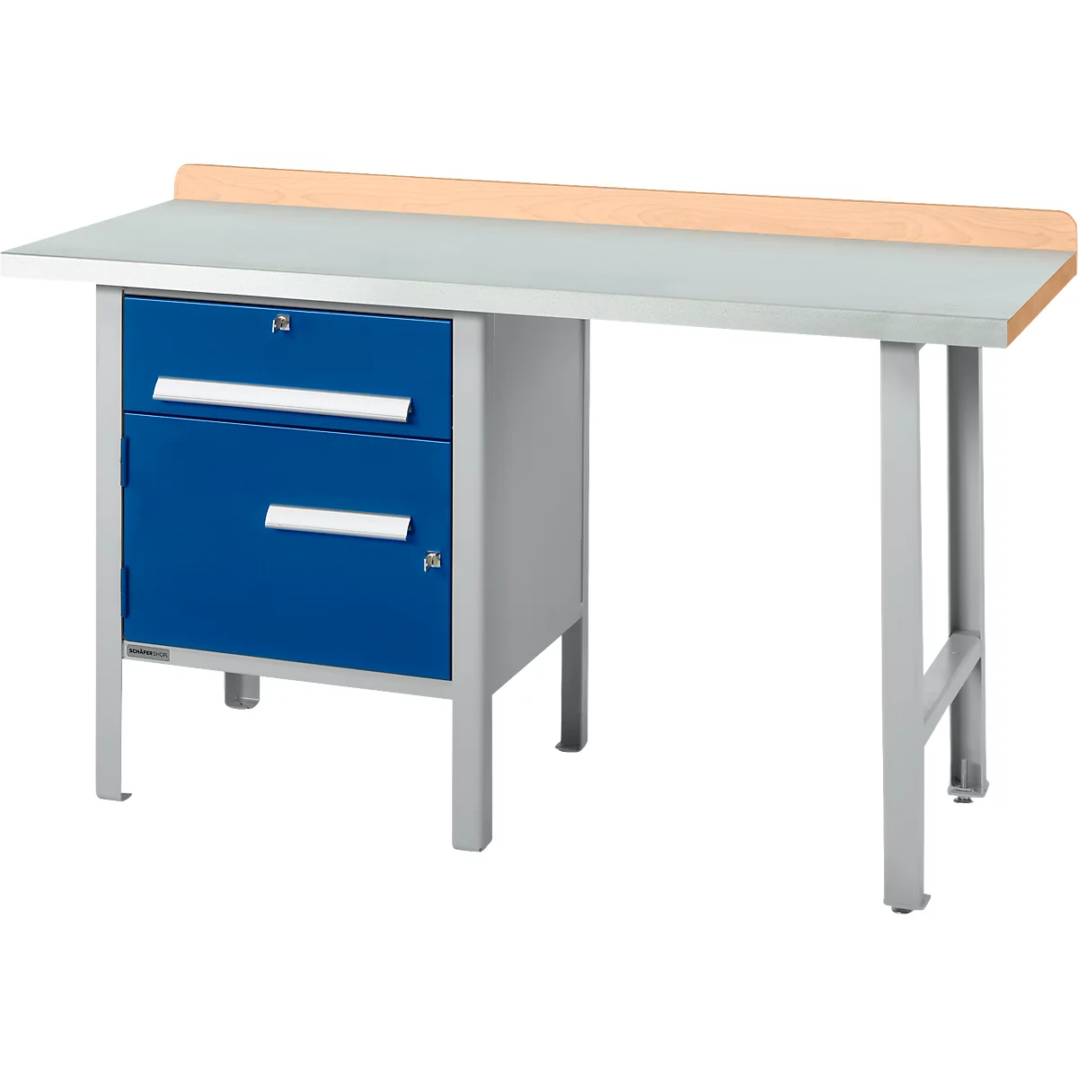 Schäfer Shop Select PWi 150-2 combinatiewerkbank, beuken multiplex blad, met stalen afdekking, tot 750 kg, B 1500 x D 700 x H 840 mm, gentiaanblauw