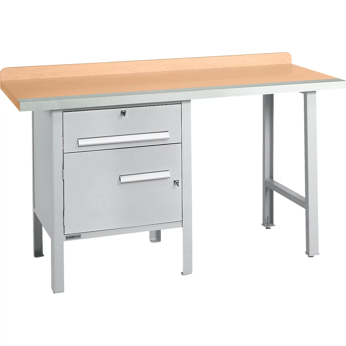 Schäfer Shop Select PWi 150-2 combinatiewerkbank, beuken multiplex blad, met stalen rand, tot 750 kg, B 1500 x D 700 x H 840 mm, aluminium wit