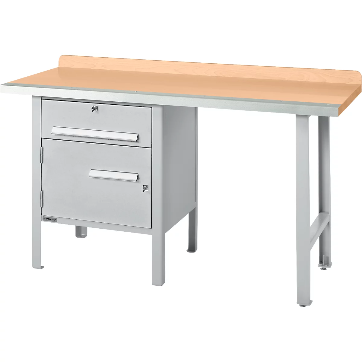 Schäfer Shop Select PWi 150-2 combinatiewerkbank, beuken multiplex blad, met stalen rand, tot 750 kg, B 1500 x D 700 x H 840 mm, aluminium wit