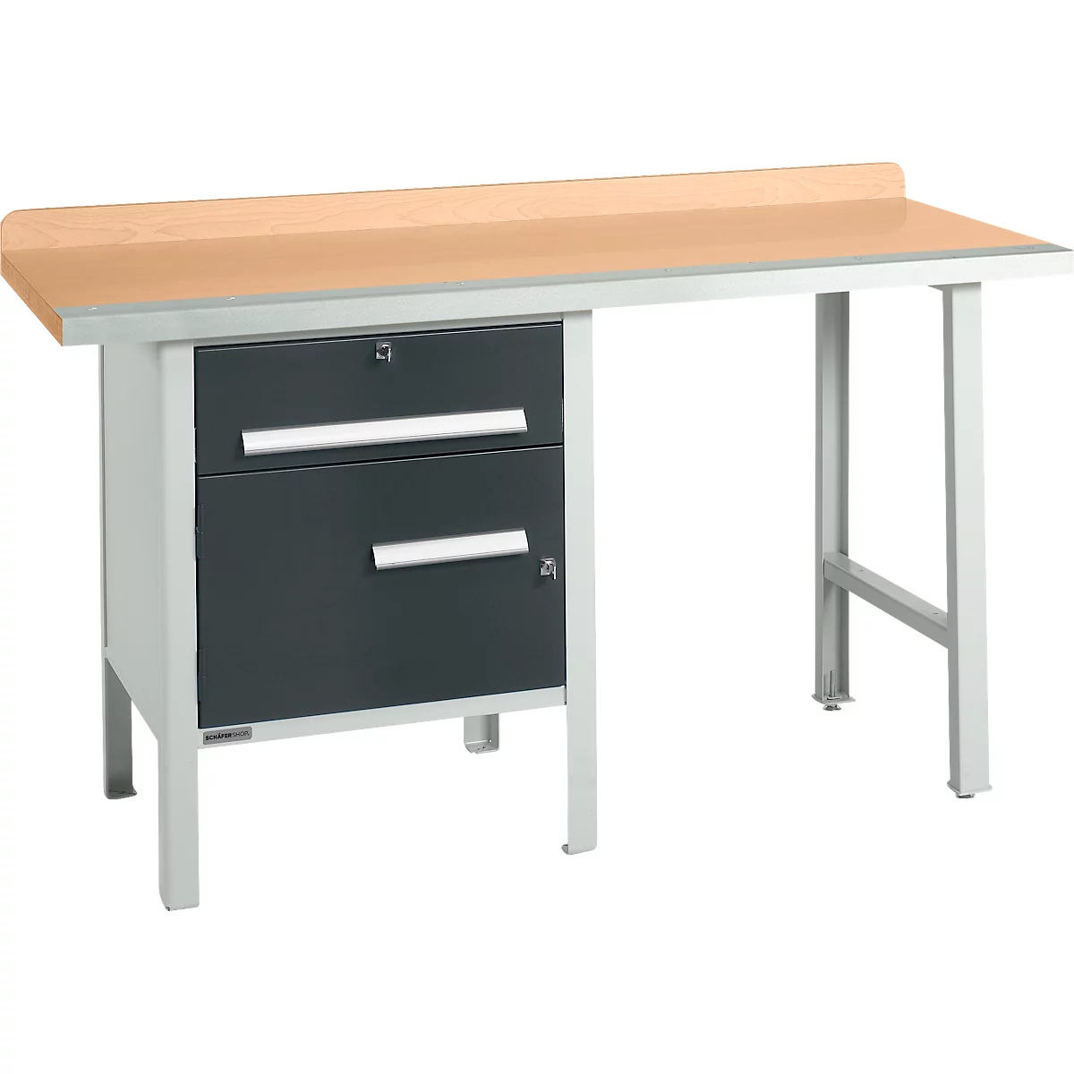 Schäfer Shop Select PWi 150-2 combinatiewerkbank, beuken multiplex blad, met stalen rand, tot 750 kg, B 1500 x D 700 x H 840 mm, antraciet