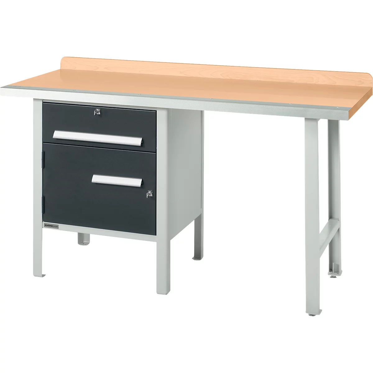 Schäfer Shop Select PWi 150-2 combinatiewerkbank, beuken multiplex blad, met stalen rand, tot 750 kg, B 1500 x D 700 x H 840 mm, antraciet