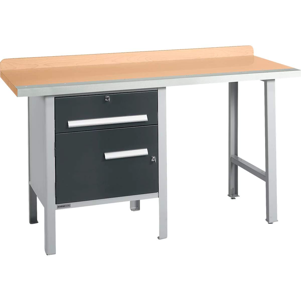 Schäfer Shop Select PWi 150-2 combinatiewerkbank, beuken multiplex blad, met stalen rand, tot 750 kg, B 1500 x D 700 x H 840 mm, antraciet