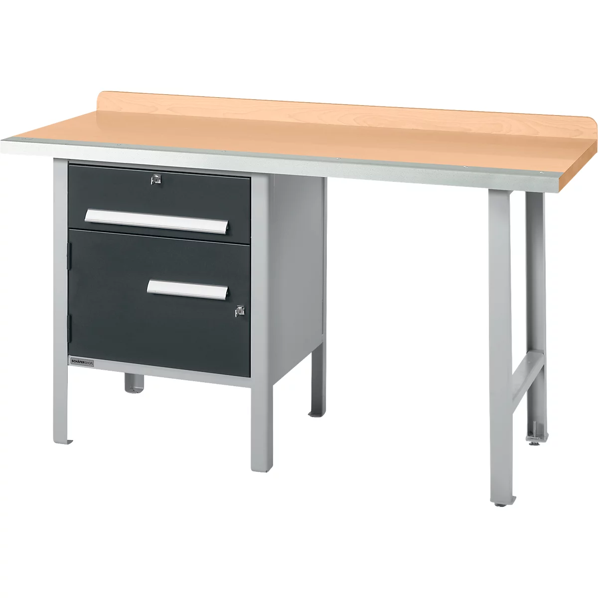 Schäfer Shop Select PWi 150-2 combinatiewerkbank, beuken multiplex blad, met stalen rand, tot 750 kg, B 1500 x D 700 x H 840 mm, antraciet
