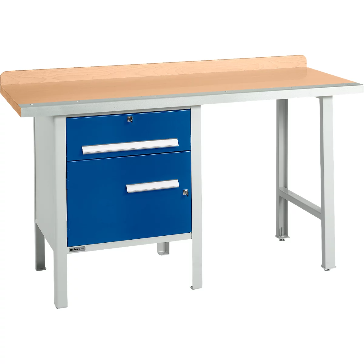 Schäfer Shop Select PWi 150-2 combinatiewerkbank, beuken multiplex blad, met stalen rand, tot 750 kg, B 1500 x D 700 x H 840 mm, gentiaanblauw