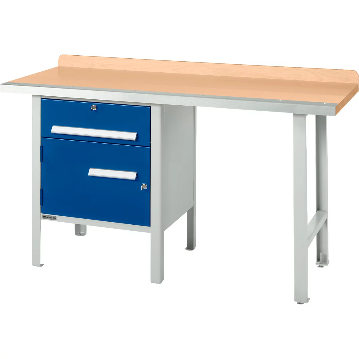 Schäfer Shop Select PWi 150-2 combinatiewerkbank, beuken multiplex blad, met stalen rand, tot 750 kg, B 1500 x D 700 x H 840 mm, gentiaanblauw