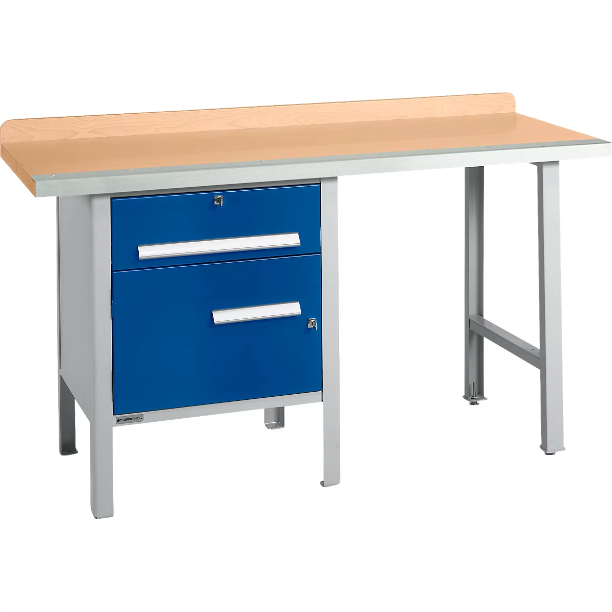 Schäfer Shop Select PWi 150-2 combinatiewerkbank, beuken multiplex blad, met stalen rand, tot 750 kg, B 1500 x D 700 x H 840 mm, gentiaanblauw