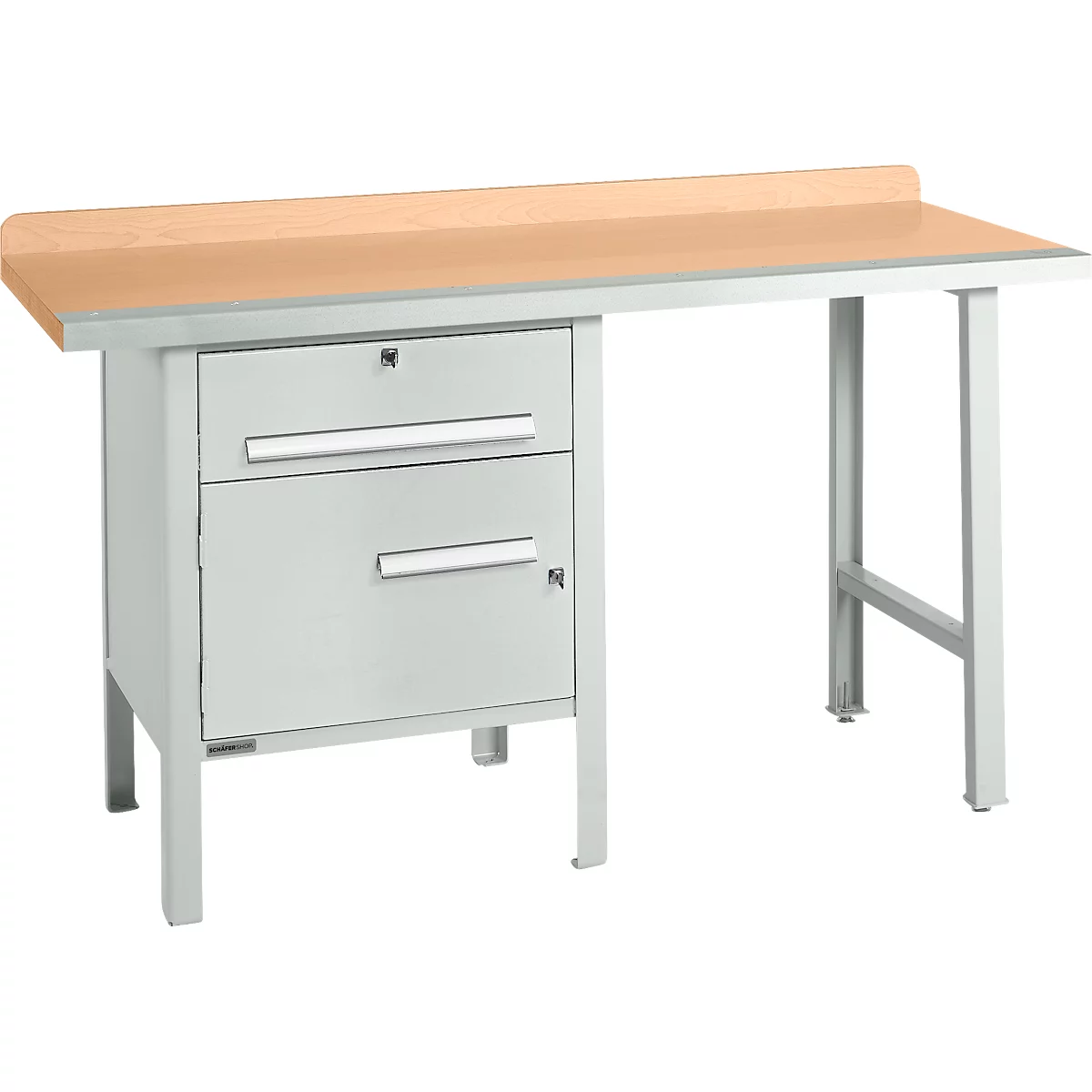 Schäfer Shop Select PWi 150-2 combinatiewerkbank, beuken multiplex blad, met stalen rand, tot 750 kg, B 1500 x D 700 x H 840 mm, lichtgrijs