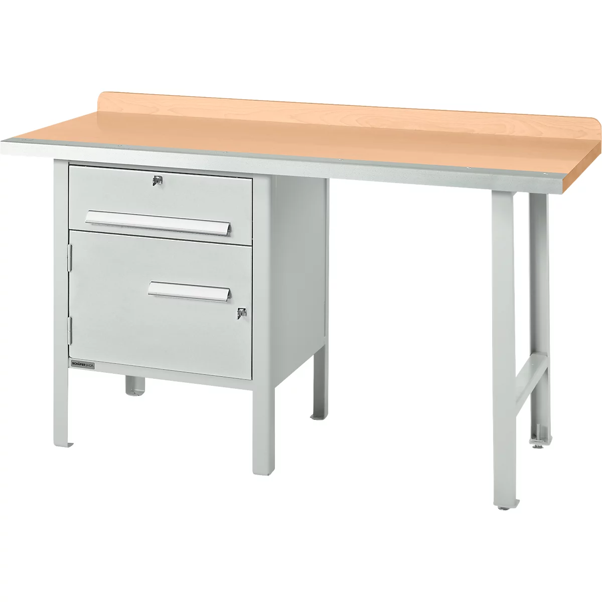 Schäfer Shop Select PWi 150-2 combinatiewerkbank, beuken multiplex blad, met stalen rand, tot 750 kg, B 1500 x D 700 x H 840 mm, lichtgrijs