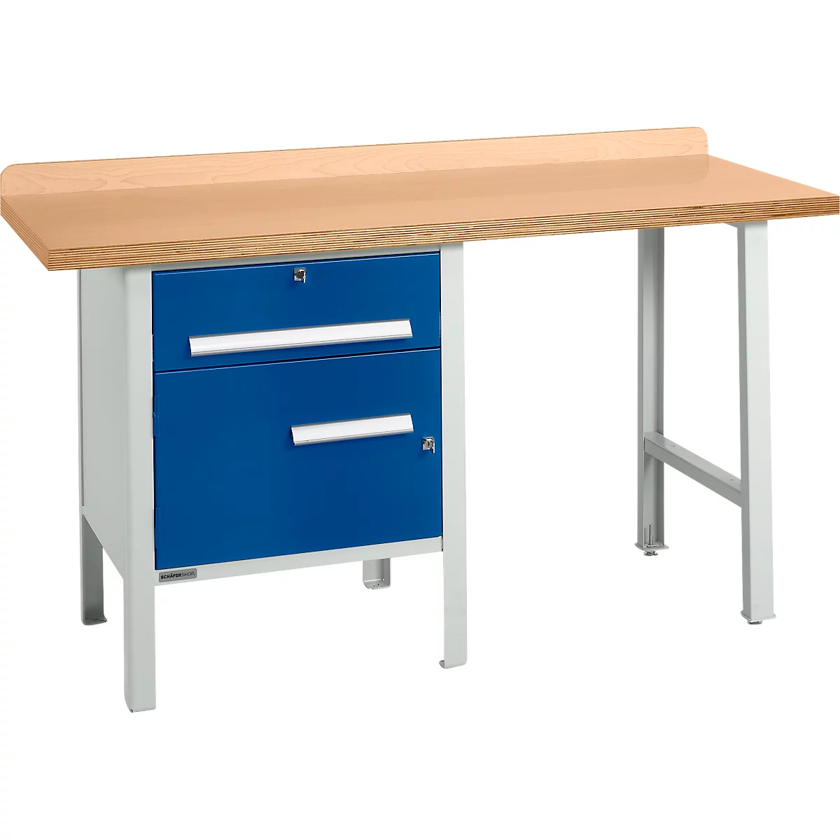 Schäfer Shop Select PWi 150-2 combinatiewerkbank, beuken multiplex blad, tot 750 kg, B 1500 x D 700 x H 840 mm, gentiaanblauw