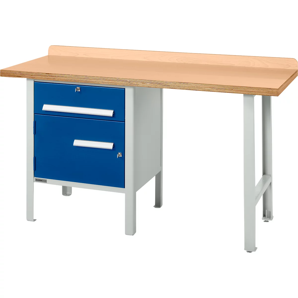 Schäfer Shop Select PWi 150-2 combinatiewerkbank, beuken multiplex blad, tot 750 kg, B 1500 x D 700 x H 840 mm, gentiaanblauw
