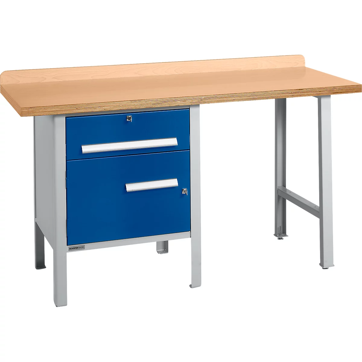 Schäfer Shop Select PWi 150-2 combinatiewerkbank, beuken multiplex blad, tot 750 kg, B 1500 x D 700 x H 840 mm, gentiaanblauw