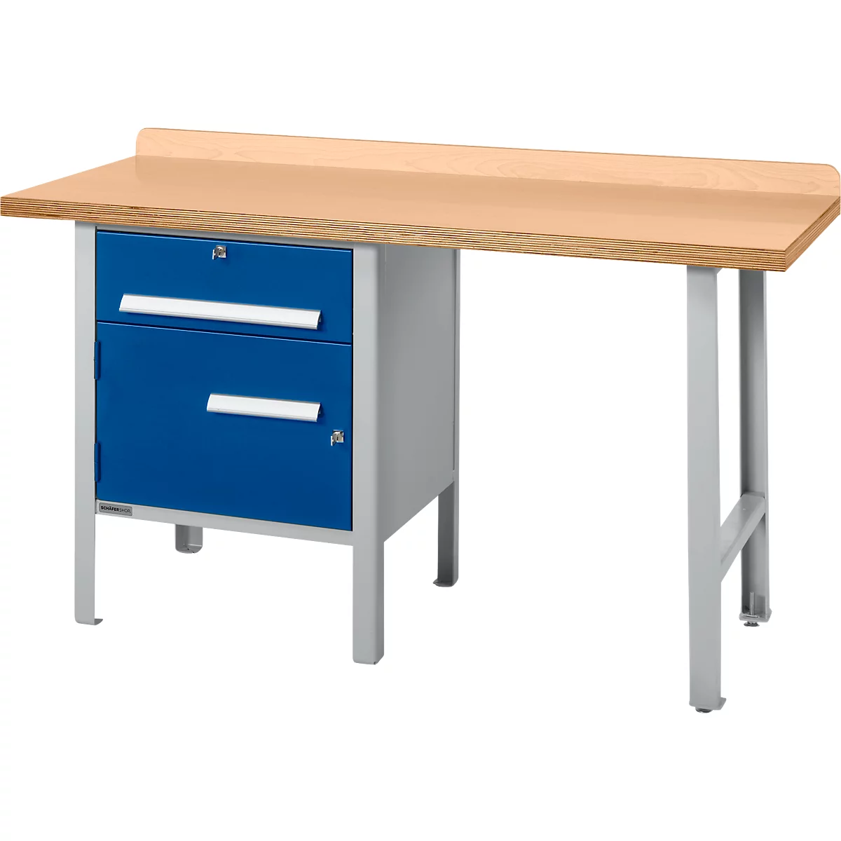 Schäfer Shop Select PWi 150-2 combinatiewerkbank, beuken multiplex blad, tot 750 kg, B 1500 x D 700 x H 840 mm, gentiaanblauw