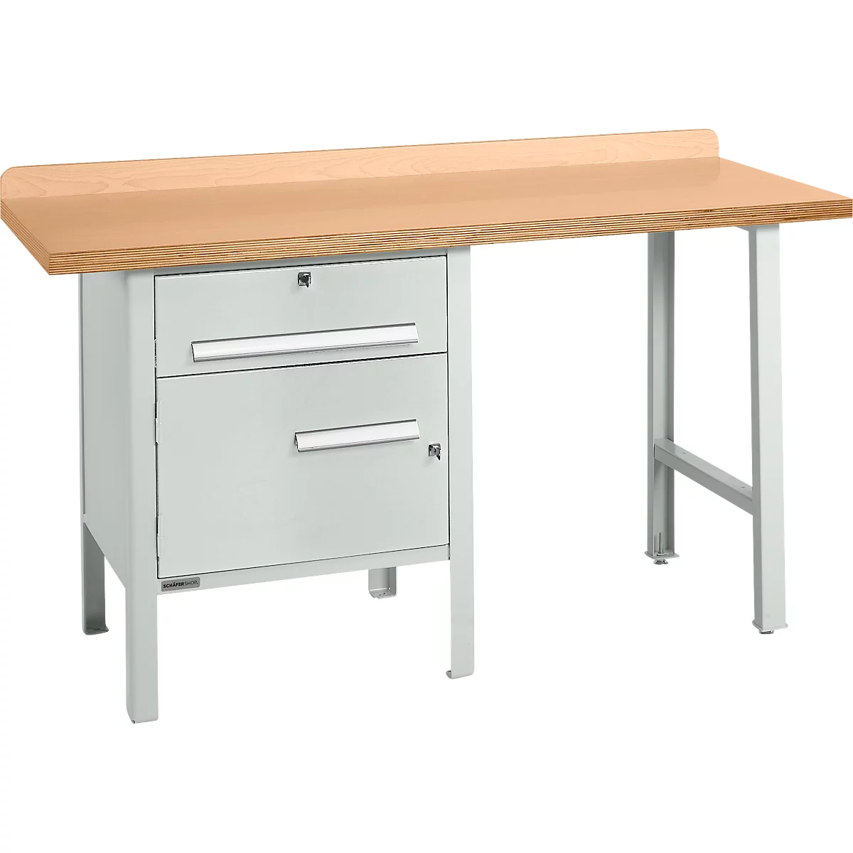 Schäfer Shop Select PWi 150-2 combinatiewerkbank, beuken multiplex blad, tot 750 kg, B 1500 x D 700 x H 840 mm, lichtgrijs