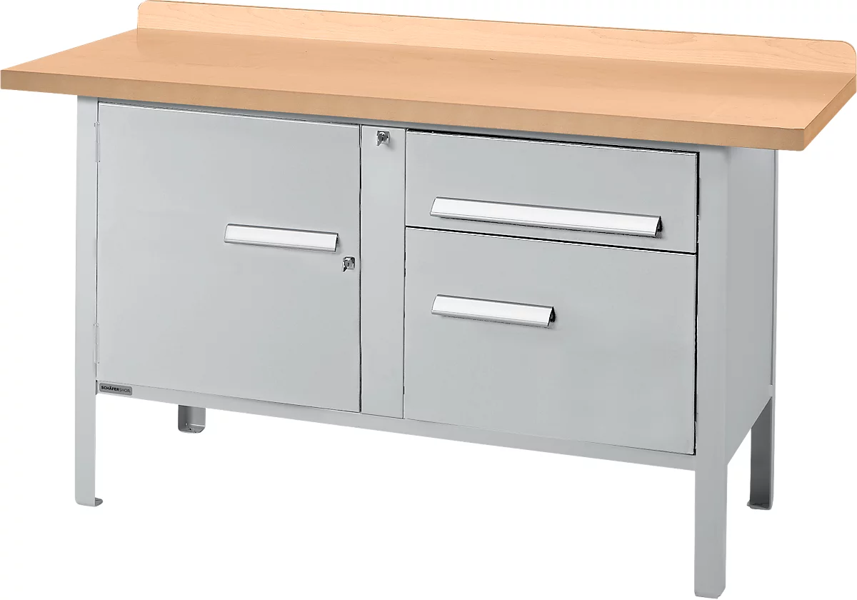 Schäfer Shop Select PWi 150-3 banco de trabajo tipo caja, tablero de fibra de densidad media (MDF), hasta 750 kg, ancho 1500 x fondo 680 x alto 838 mm, aluminio blanco