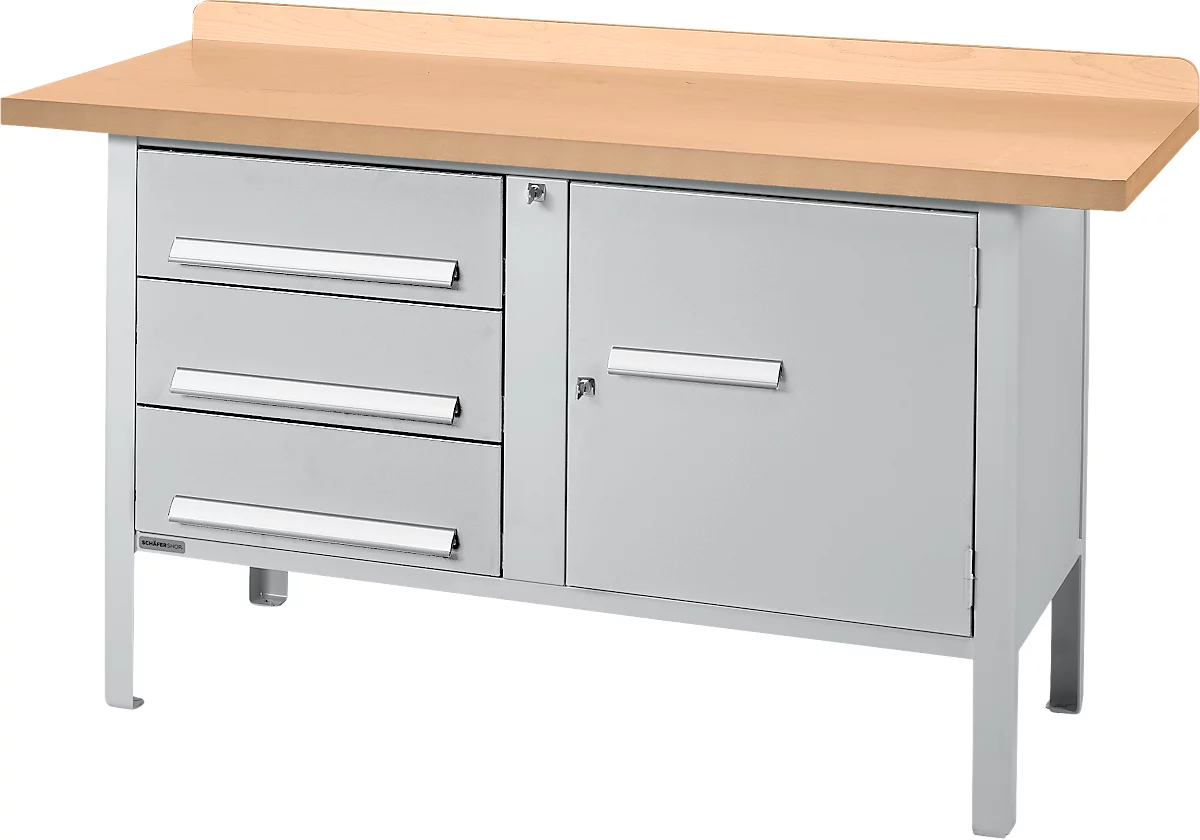 Schäfer Shop Select PWi 150-4 banco de trabajo tipo caja, tablero de fibras de densidad media (MDF), hasta 750 kg, ancho 1500 x fondo 680 x alto 838 mm, aluminio blanco