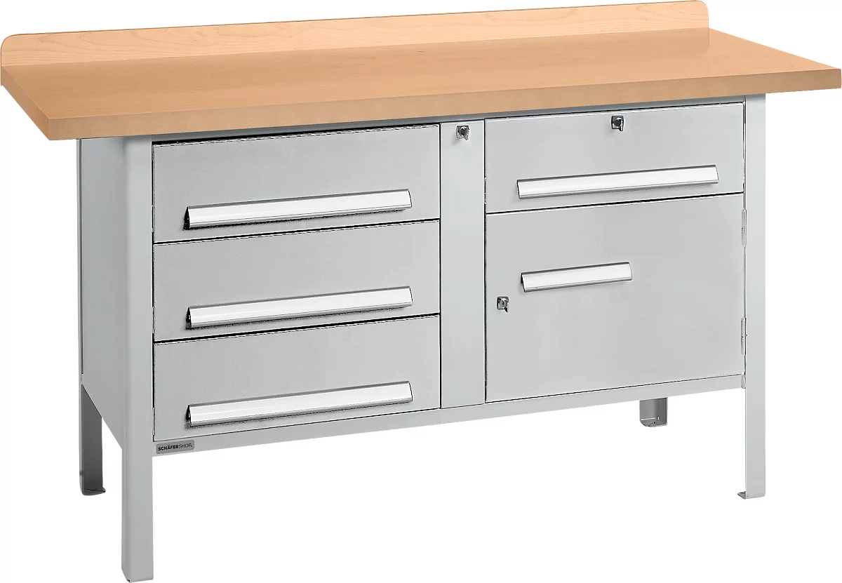 Schäfer Shop Select PWi 150-5 banco de trabajo tipo caja, tablero de fibra de densidad media (MDF), hasta 750 kg, ancho 1500 x fondo 680 x alto 838 mm, aluminio blanco