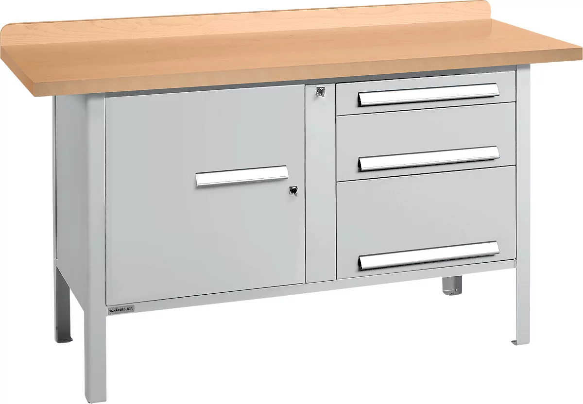 Schäfer Shop Select PWi 150-7 banco de trabajo tipo caja, tablero de fibras de densidad media (MDF), hasta 750 kg, ancho 1500 x fondo 680 x alto 838 mm, aluminio blanco