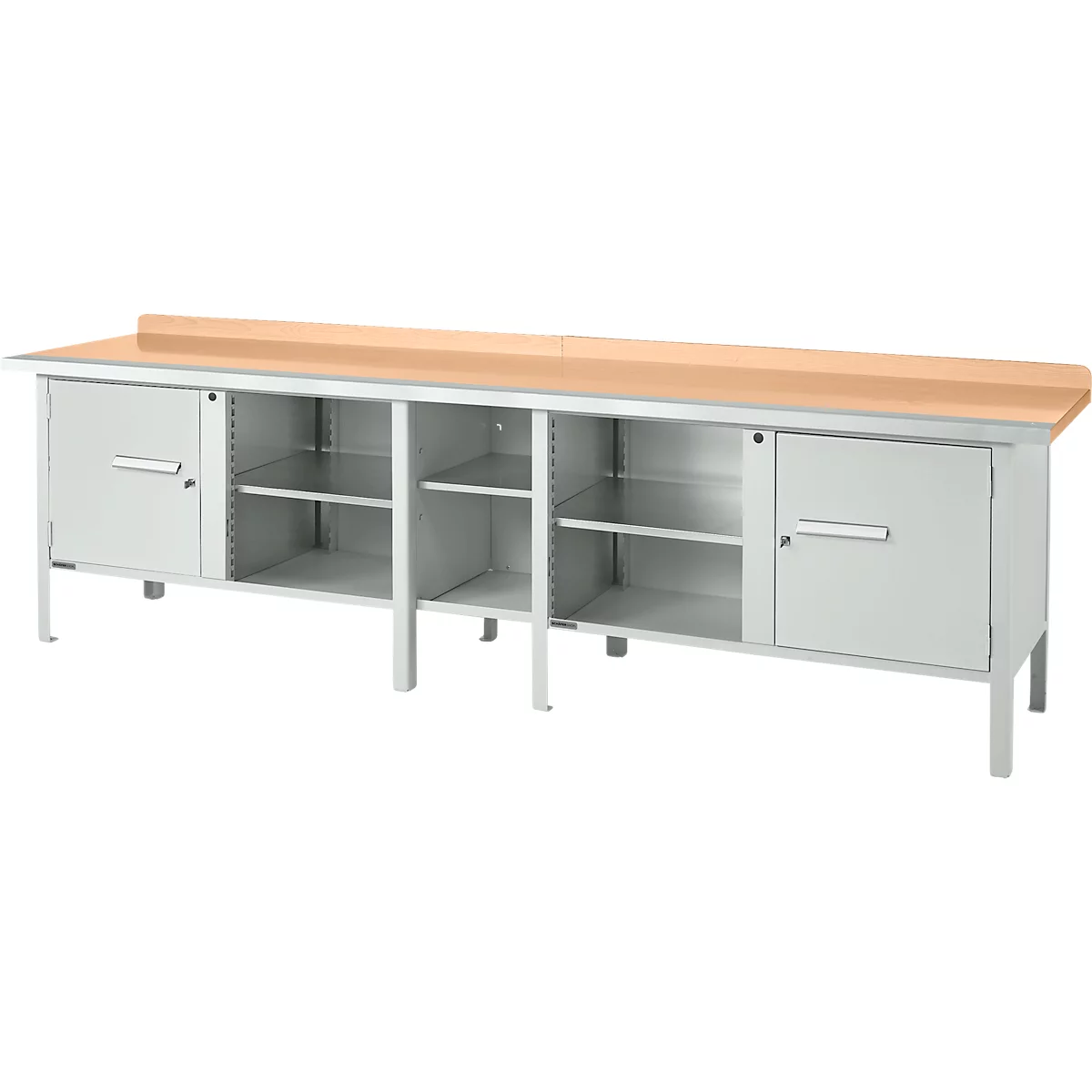 Schäfer Shop Select PWi 300-1 box-type werkbank, beuken multiplex blad, met stalen rand, tot 750 kg, B 3000 x D 700 x H 840 mm, lichtgrijs