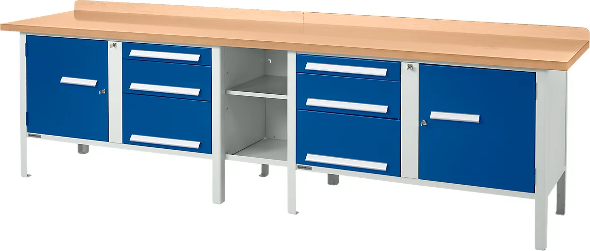 Schäfer Shop Select PWi 300-2 banco de trabajo tipo caja, tablero de fibra de densidad media (MDF), hasta 750 kg, An 3000 x Pr 680 x Al 838 mm, azul genciana