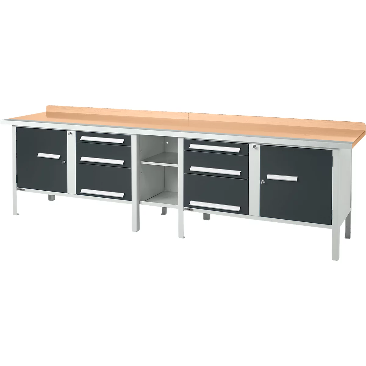 Schäfer Shop Select PWi 300-2 werkbank in kastuitvoering, beuken multiplexplaat, met stalen rand, tot 750 kg, B 3000 x D 700 x H 840 mm, antraciet/lichtgrijs