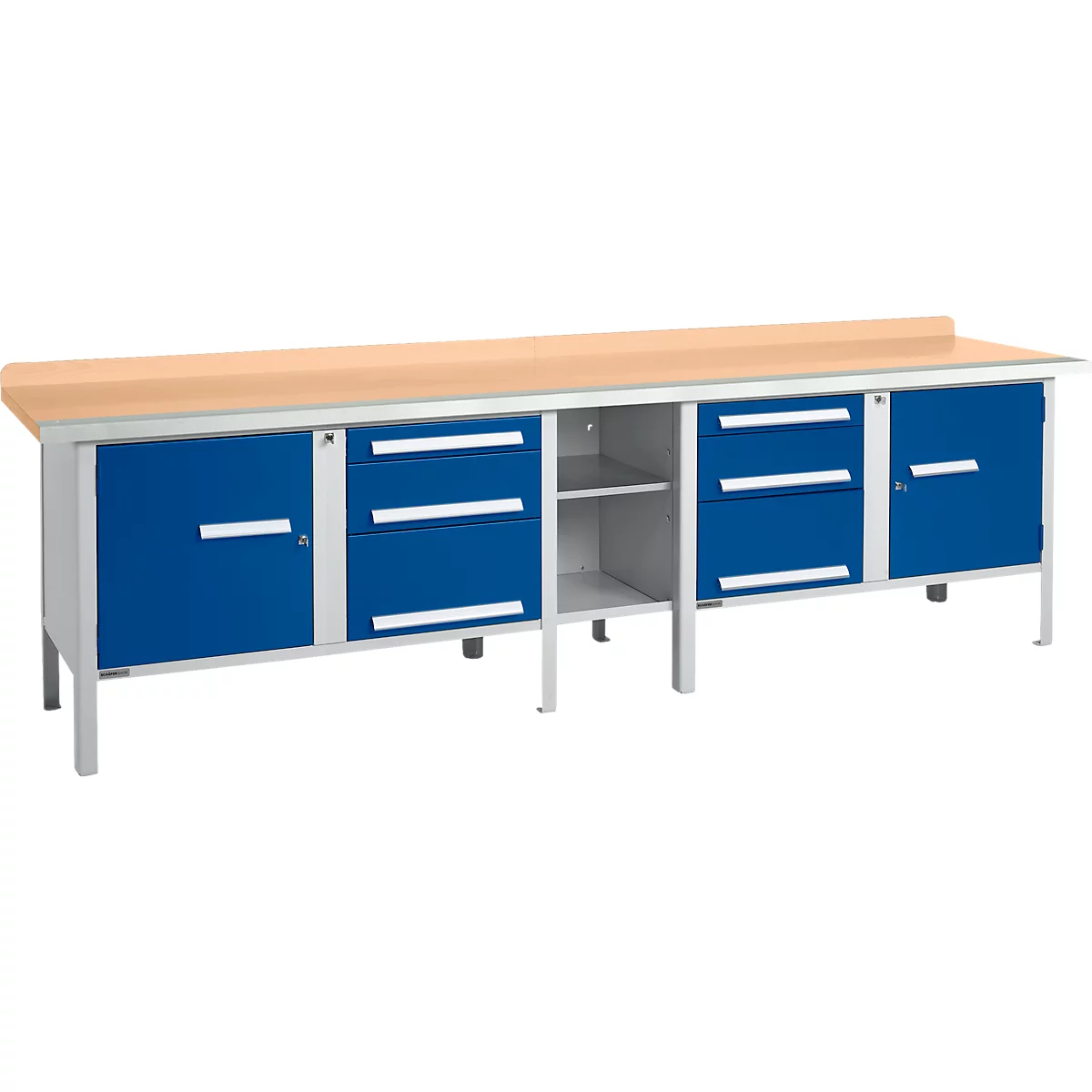Schäfer Shop Select PWi 300-2 werkbank in kastuitvoering, beuken multiplexplaat, met stalen rand, tot 750 kg, B 3000 x D 700 x H 840 mm, gentiaanblauw/wit aluminium