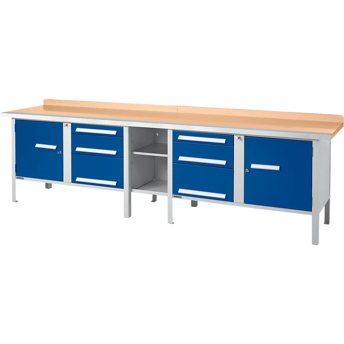 Schäfer Shop Select PWi 300-2 werkbank in kastuitvoering, beuken multiplexplaat, met stalen rand, tot 750 kg, B 3000 x D 700 x H 840 mm, gentiaanblauw/wit aluminium