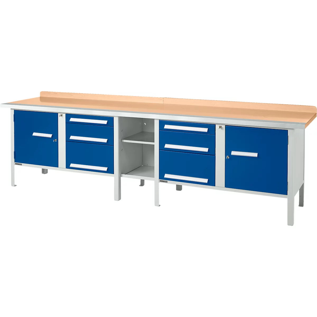 Schäfer Shop Select PWi 300-2 werkbank in kastuitvoering, beuken multiplexplaat, met stalen rand, tot 750 kg, B 3000 x D 700 x H 840 mm, lichtgrijs/ gentiaanblauw