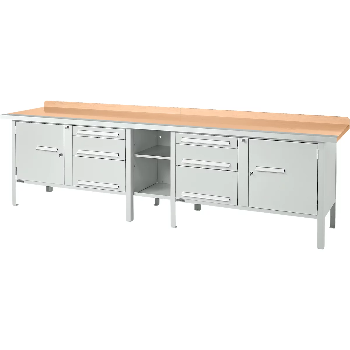 Schäfer Shop Select PWi 300-2 werkbank in kastuitvoering, beuken multiplexplaat, met stalen rand, tot 750 kg, B 3000 x D 700 x H 840 mm, lichtgrijs