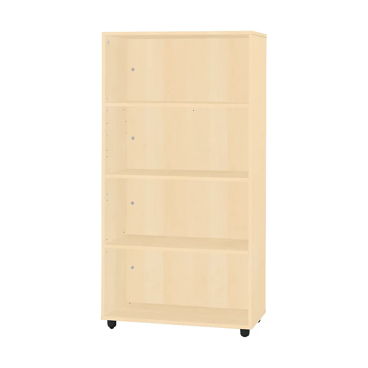 Beige Holzregal mit vier Regalböden und Rollen.