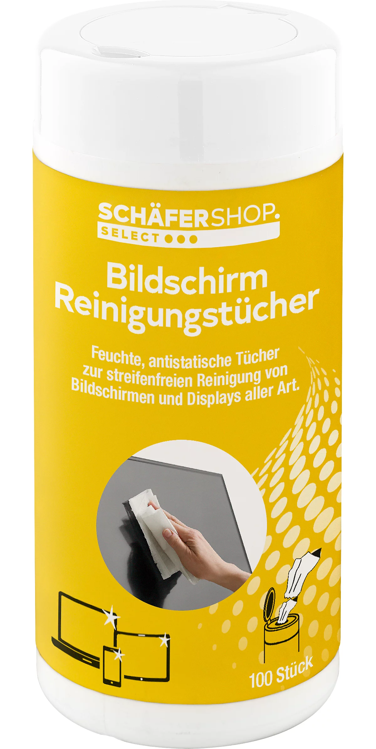 Schäfer Shop Select Reinigungstücher, für Bildschirme, feucht, in praktischer Spenderdose, 100 Stück