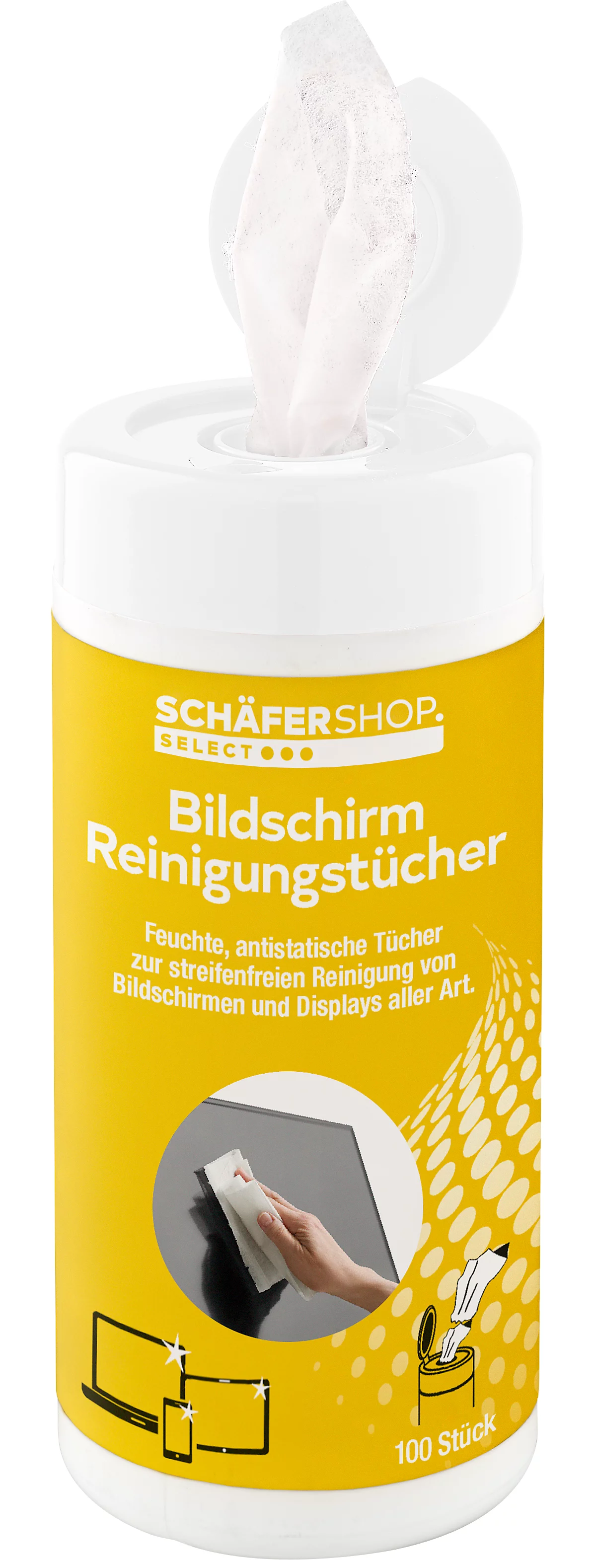 Schäfer Shop Select Reinigungstücher, für Bildschirme, feucht, in praktischer Spenderdose, 100 Stück