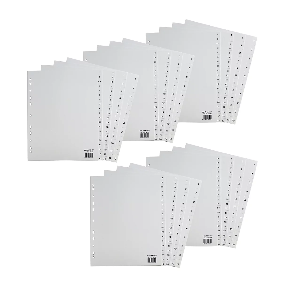 Plusieurs piles de cartes perforées. Les cartes comportent des séquences de chiffres et des trous sur le bord gauche.