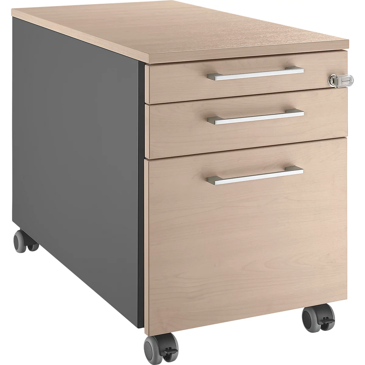 Light brown rolling file cabinet with three drawers, silver handles and gray wheels.