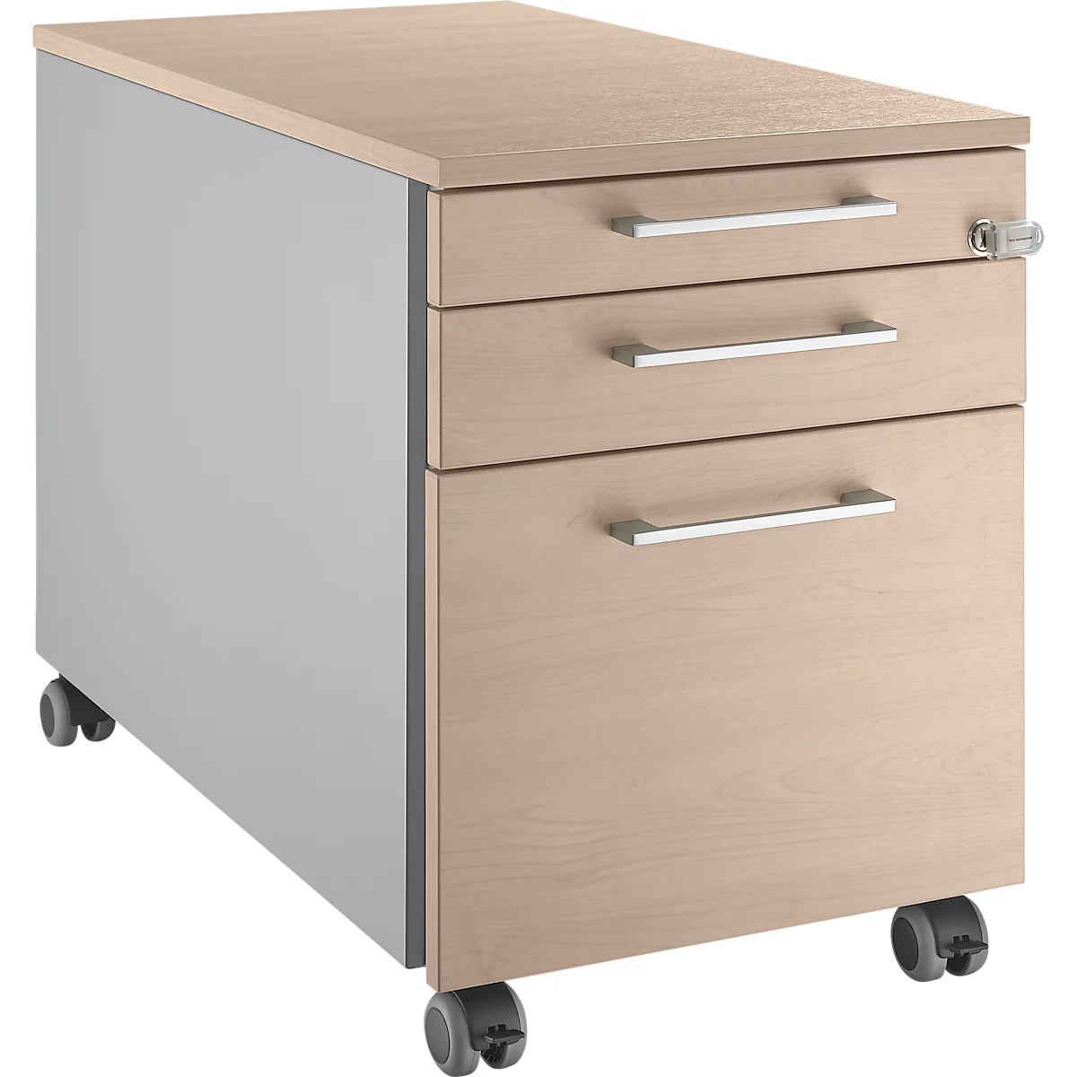 Mobile wooden cabinet with three drawers, metal handles and castors.