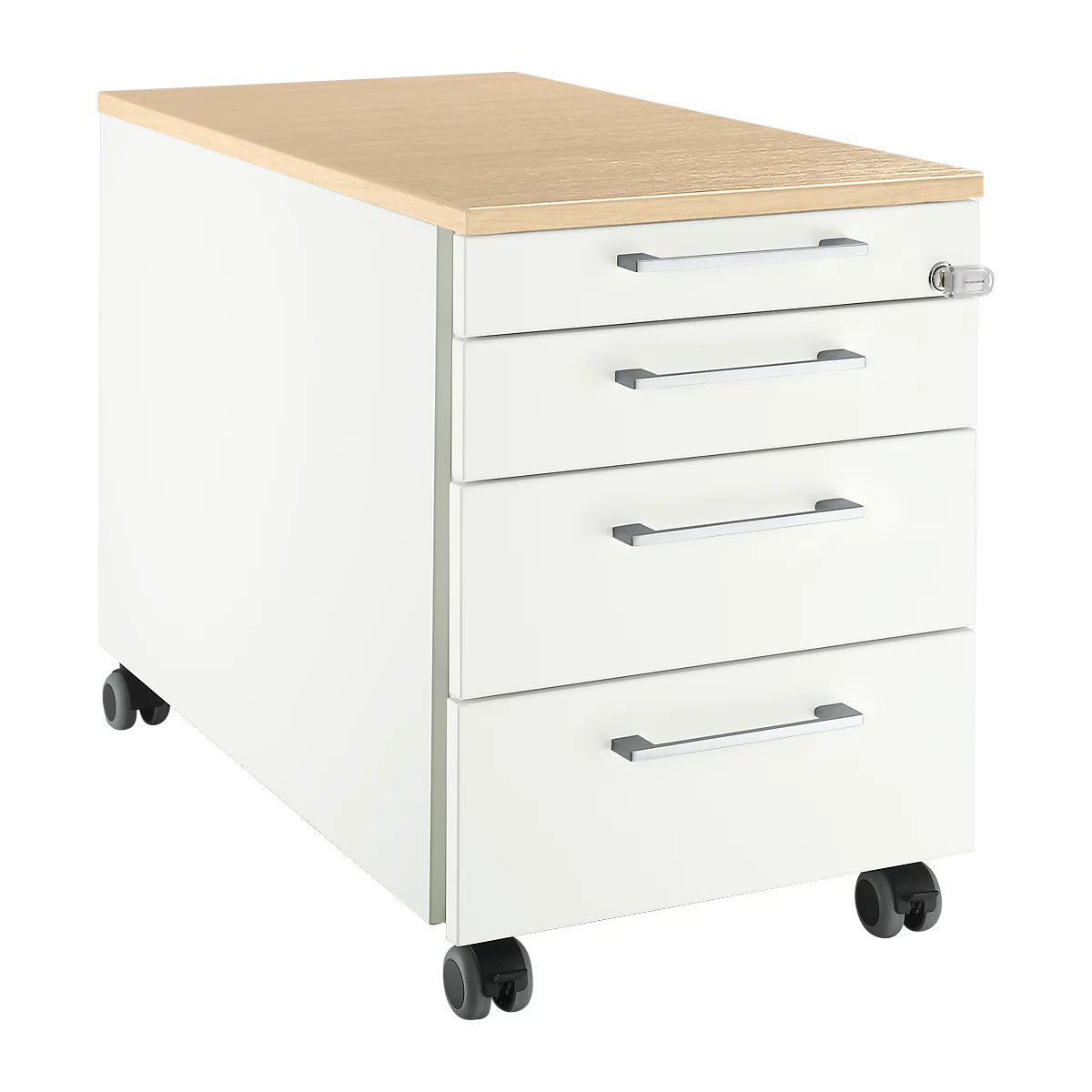 Schäfer Shop Select Rollcontainer 1233, 3 Schübe & 1 Utensilienauszug, Griff eckig, weiß/Ahorn-Dekor