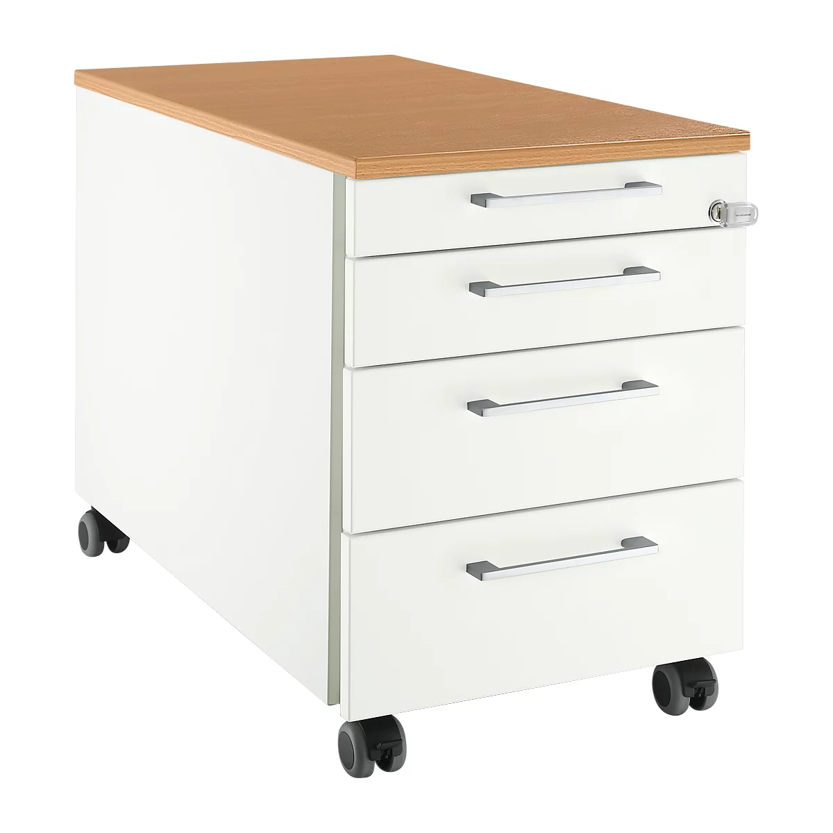 Schäfer Shop Select Rollcontainer 1233, 3 Schübe & 1 Utensilienauszug, Griff eckig, weiß/Buche-Dekor