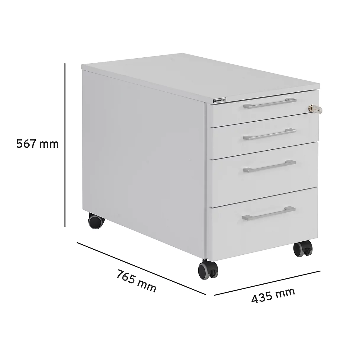 Weißer, fahrbarer Bürocontainer mit drei Schubladen und einem Schloss, Maße: 765 x 435 x 567 mm.