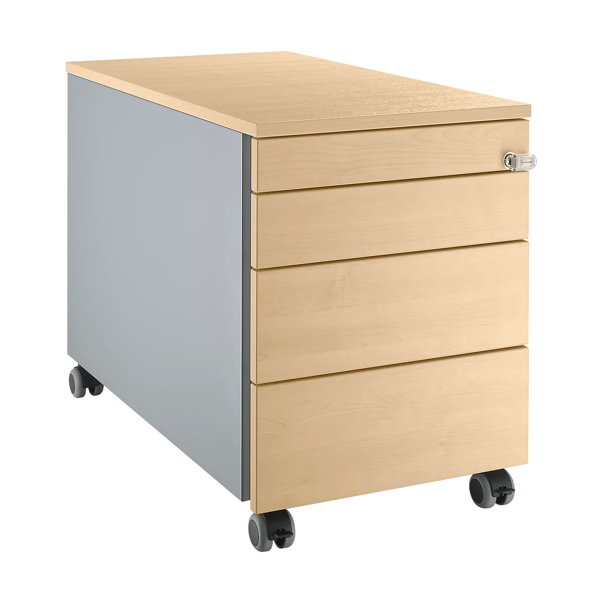Mobiler Holzschrank mit vier Schubladen auf Rollen. Graue Seitenwand, helles Holz, silberfarbenes Schloss.