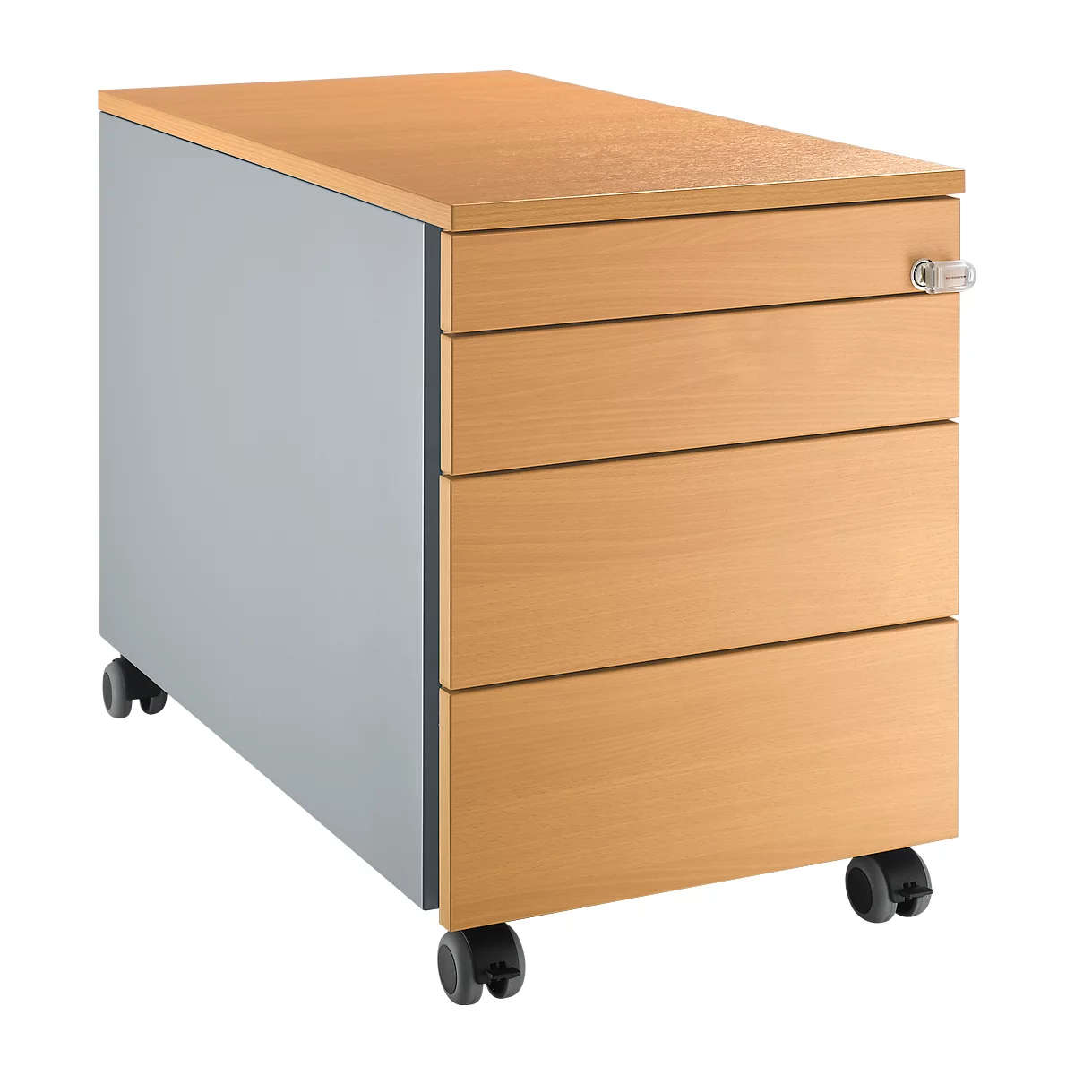 Rollcontainer aus Holz mit vier Schubladen und Rollen. Die linke Seite ist grau. Der Rollcontainer ist auf einem hellen Hintergrund platziert.