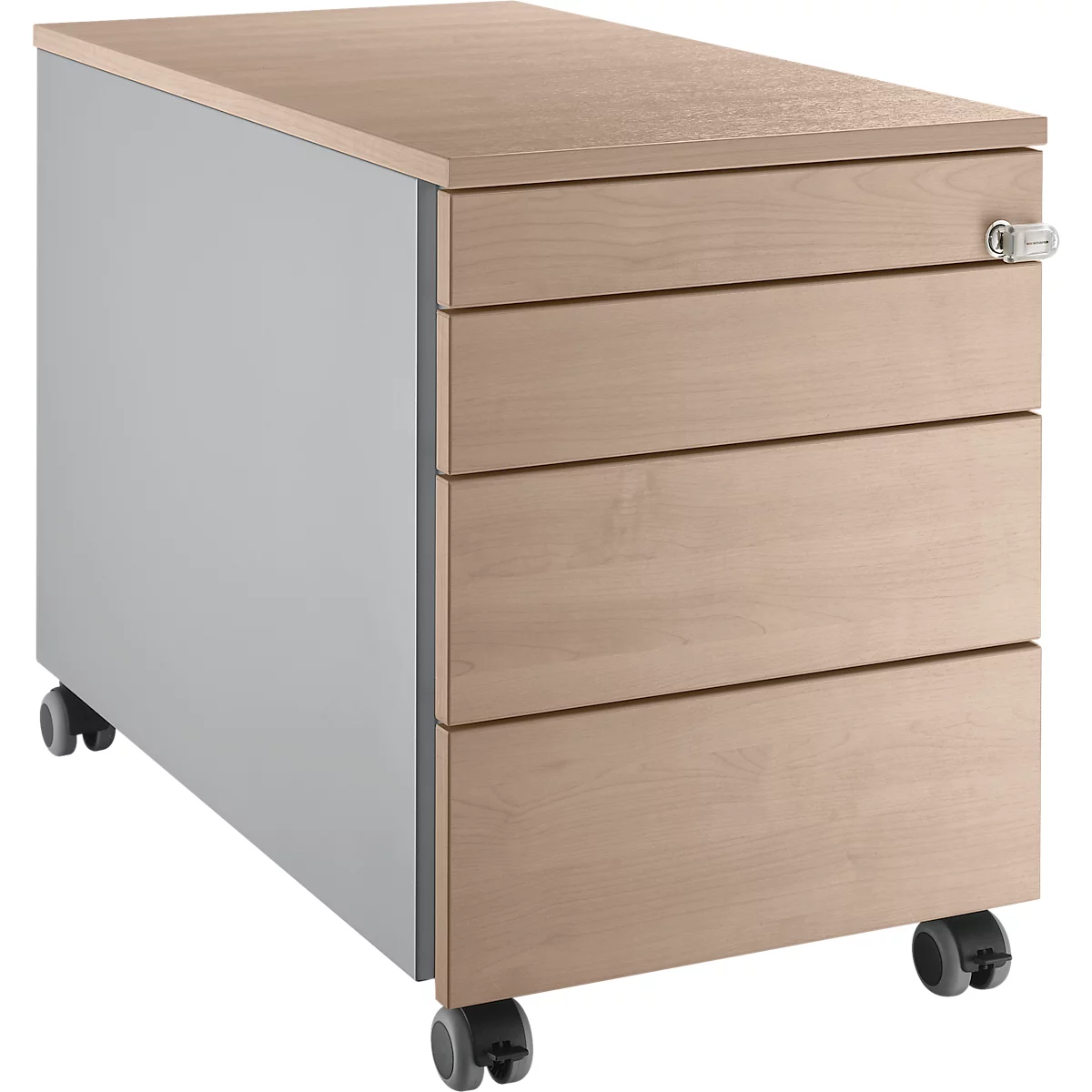 Beige Rollcontainer mit grauen Seiten und vier Schubladen. Der Container steht auf vier Rollen.