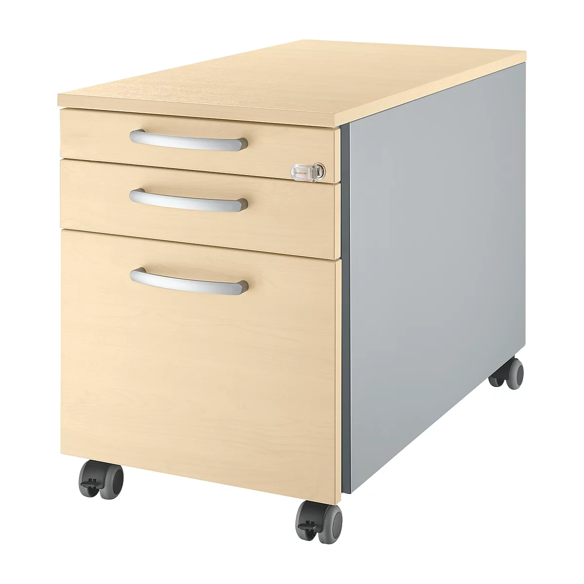 Beigefarbener Rollcontainer mit drei Schubladen, silbernen Griffen und Rollen. Seitenteil grau.