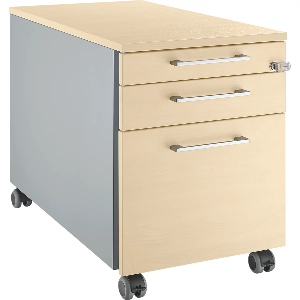 Beige-grauer Rollcontainer mit drei Schubladen, silbernen Griffen und Rollen.
