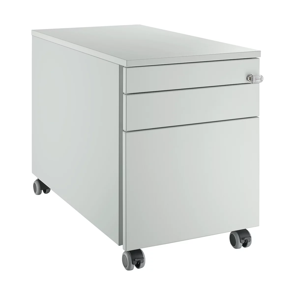 Rollcontainer in hellem Grau mit drei Schubladen, Rollen und Schloss.