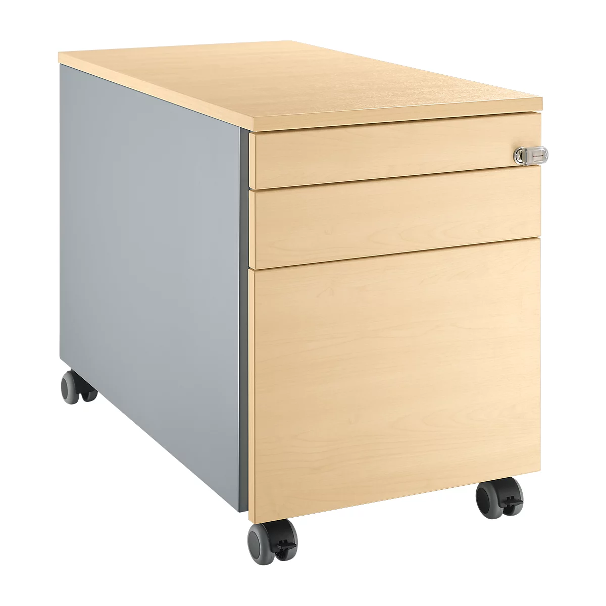 Mobiler, hellbrauner Rollcontainer mit drei Schubladen, auf Rollen und einem grauen Korpus.