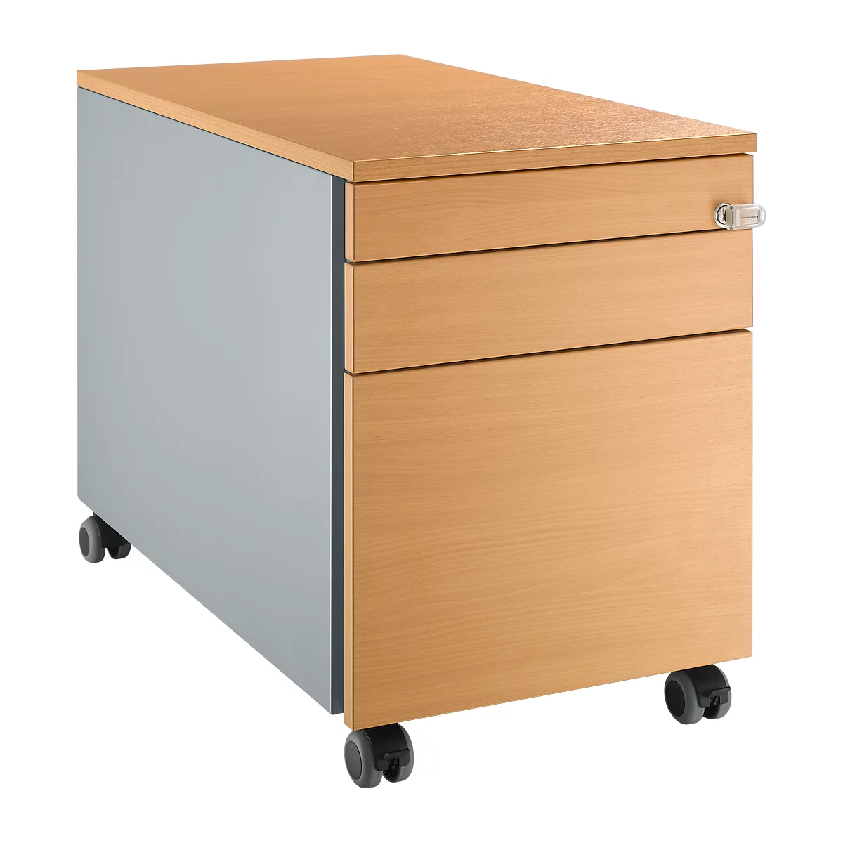 Rollcontainer mit drei Schubladen und Rollen, Holzoptik, grauer Korpus.