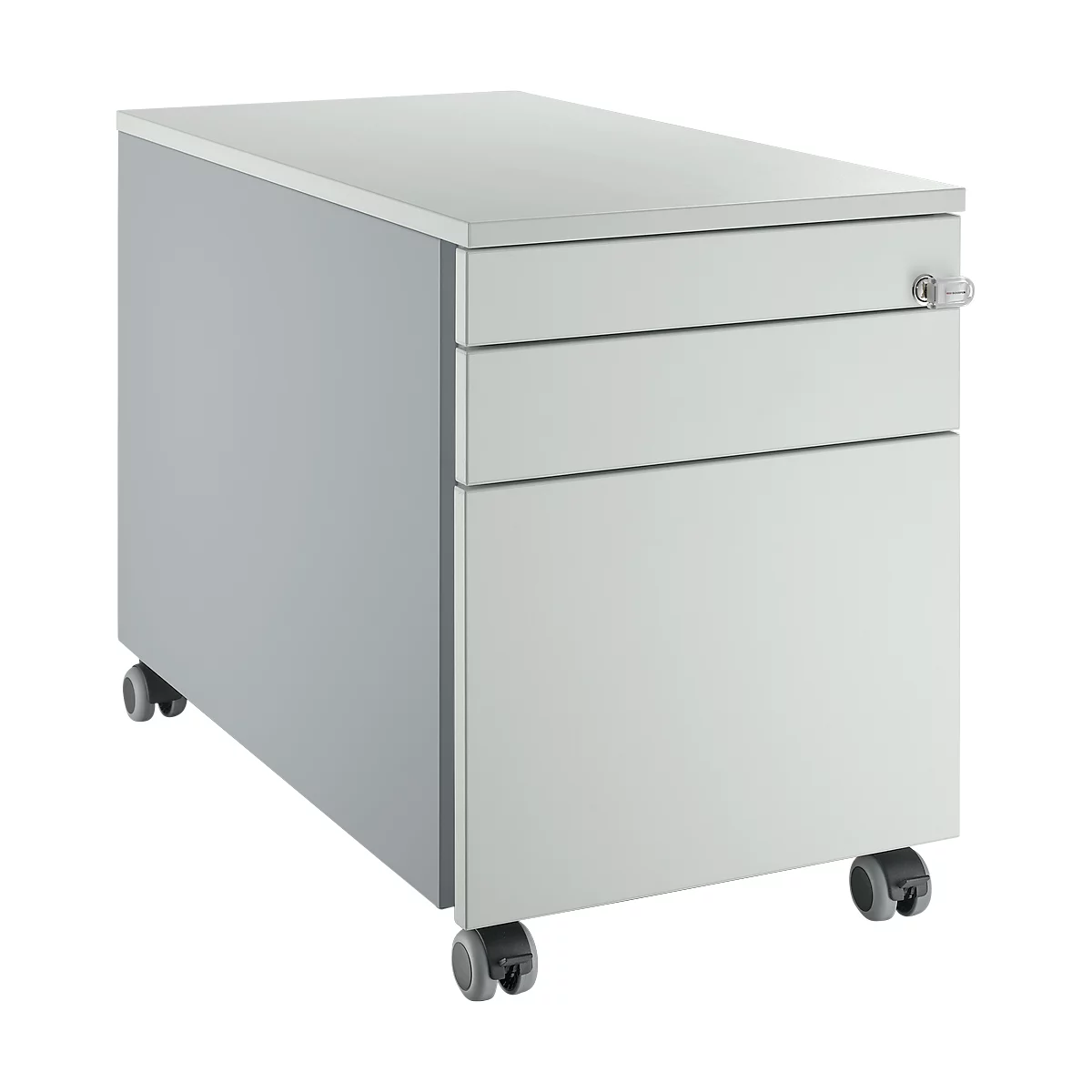 Grauer Rollcontainer mit drei Schubladen und Rollen. Oben ein Schloss.