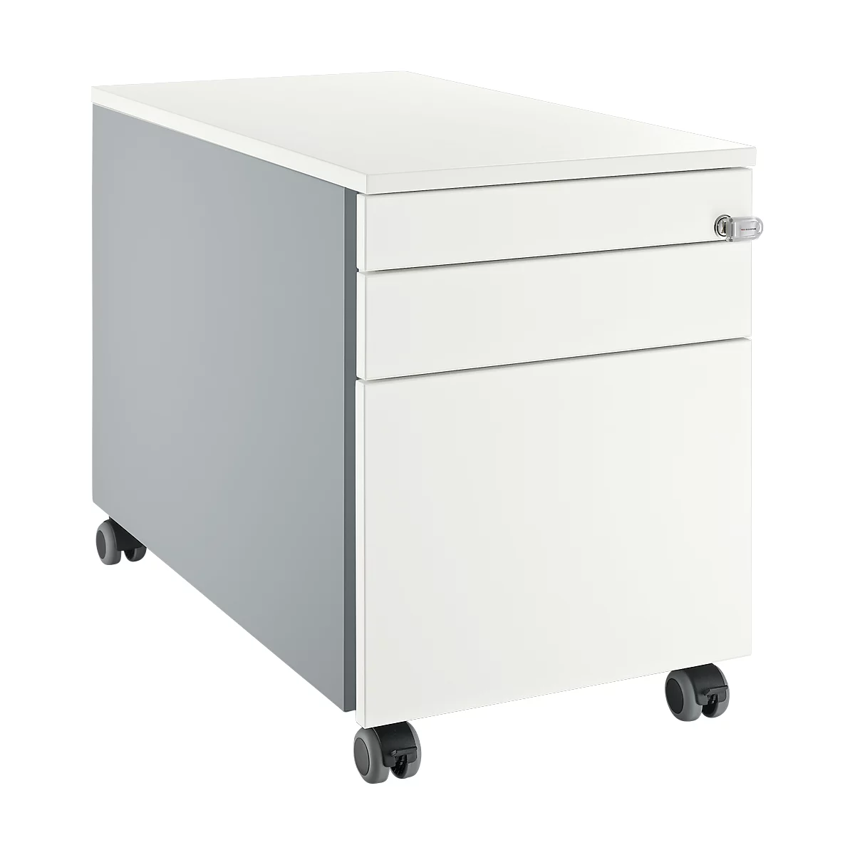 Weißes, rollbares Büro-Sideboard mit drei Schubladen und Schloss.