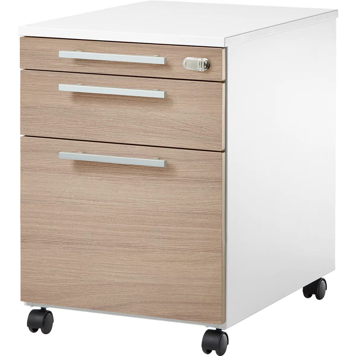 Rollcontainer mit drei Schubladen. Oben weiß, Schubladen in Holzoptik mit silbernen Griffen, abschließbar.